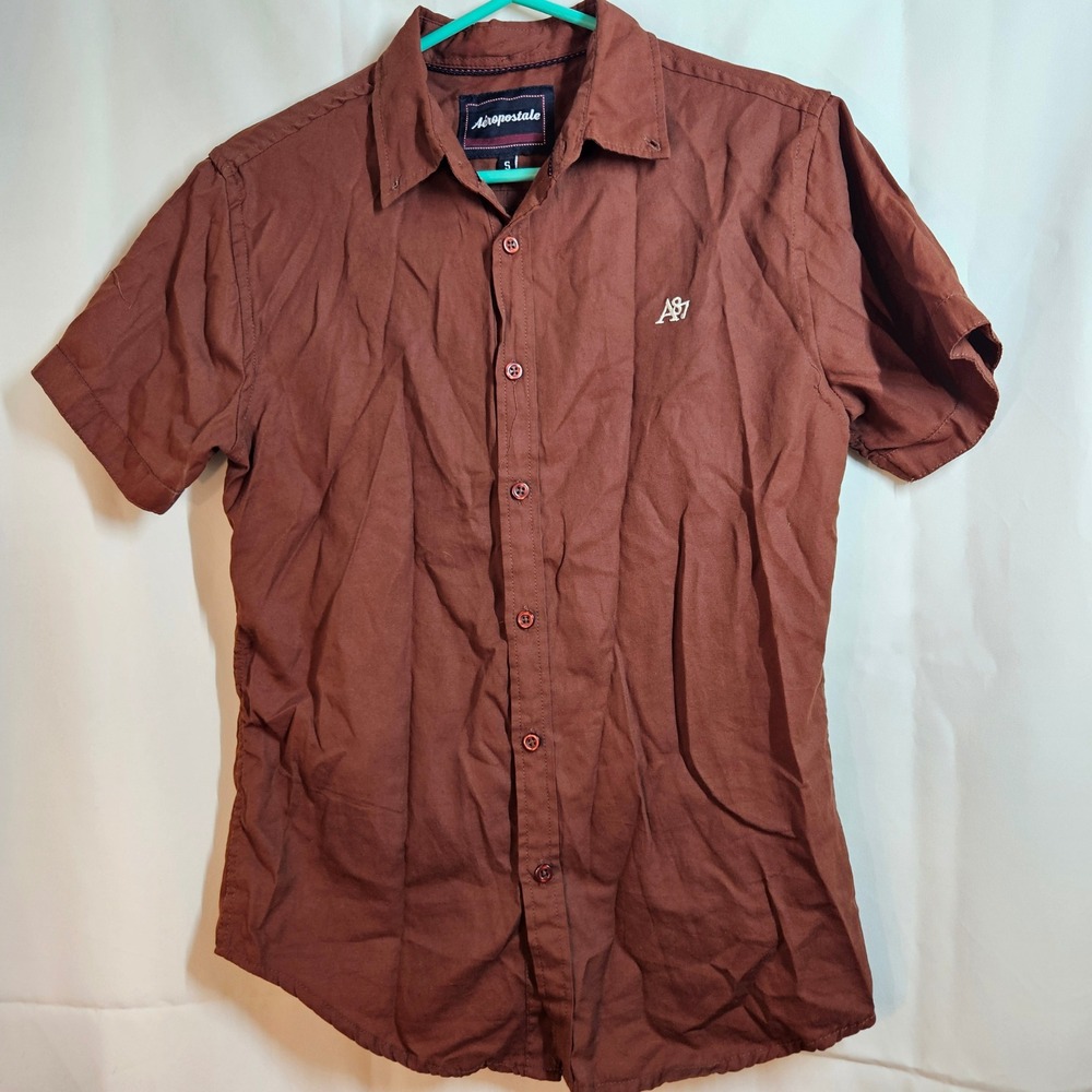 Aeropostale Brown Button Down Shirt Short Sleeve Casual Logo‎ Small